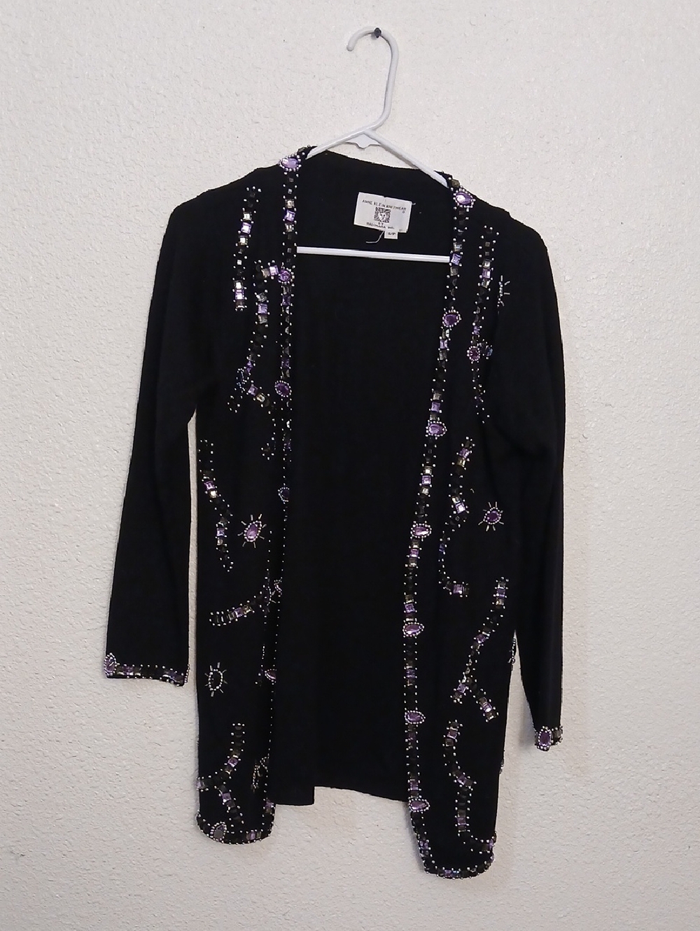 Anne Klein Black Open-Front Cardigan with Purple & Silver Embellishments